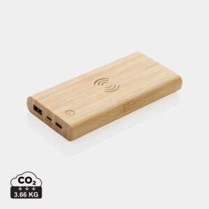 Bambusowy, bezprzewodowy power bank 8000 mAh, ładowarka bezprzewodowa 5W