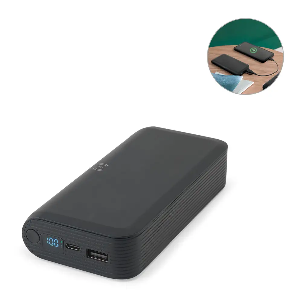 BECKER 20. Power bank 20 000 mAh z recyklingowanego ABS (100% rABS) z superszybką ładowarką bezprzewodową 15 W